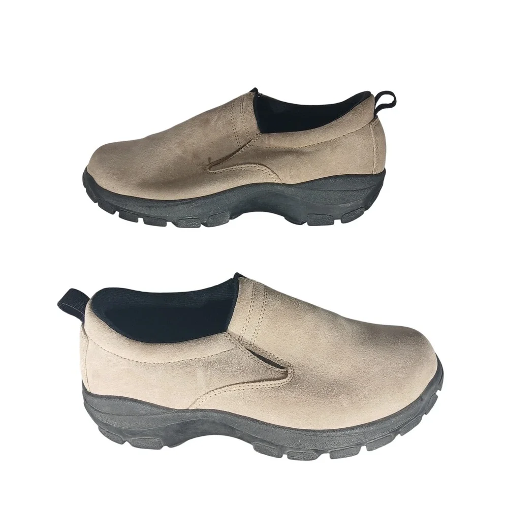 Lands End Mens 9M Tan Suede Slip On Walking‎ Shoes Lug Sole Loafers 73773